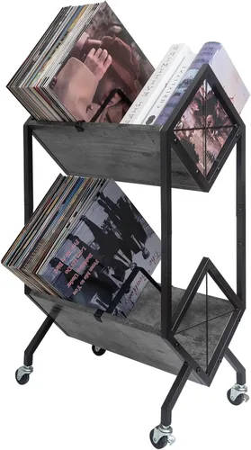Vista 9 de SwaaVee Estante de almacenamiento de discos de vinilo con ruedas, soporte de discos de vinilo de 2 niveles 160-200 LP con divisores, estilo retro