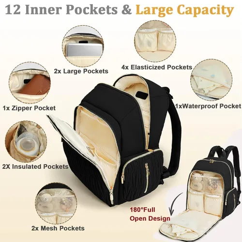 Vista 3 de miss fong Mochila para pañales – Bolsa de pañales para bebé con cambiador de pañales, mochila acolchada para pañales de viaje con 16 bolsillos Negro