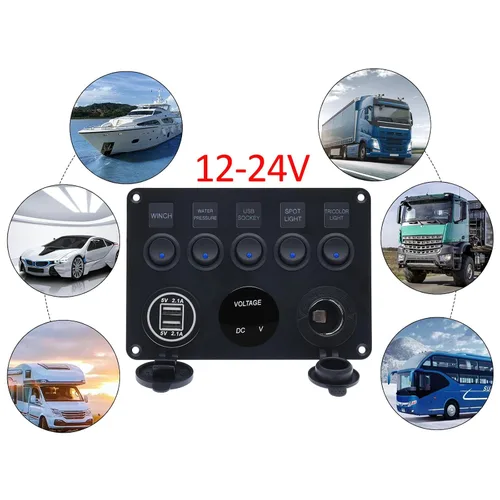 Vista 7 de KAOLALI Panel de interruptores de palanca de 5 bandas, panel de interruptores marinos automotrices, panel de interruptores impermeable de 12 V