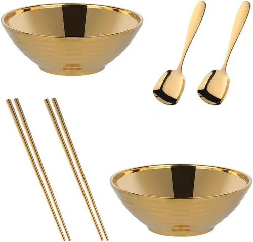 Vista 10 de Juego de tazones de sopa de fideos japoneses para ramen, 2 juegos (8 pulgadas) plateados de doble capa de acero inoxidable 18/8 con palillos