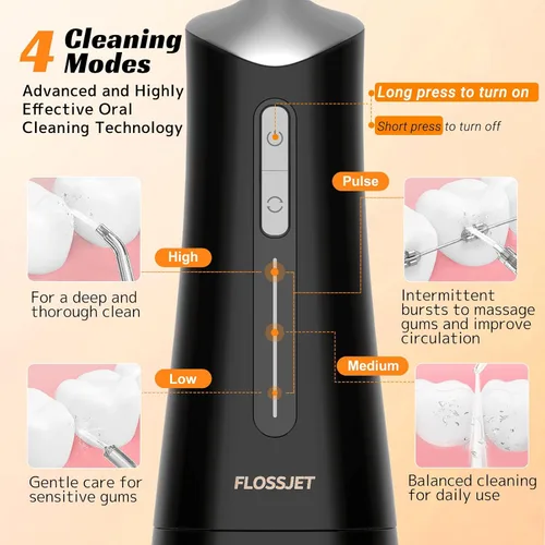 Vista 3 de FlossJet Irrigador bucal inalámbrico con 10.1 fl oz, 5 puntas, 4 modos, USB, cargador portátil, limpiador de riego IPX7, irrigador eléctrico dental