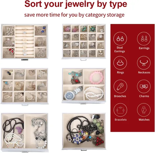 Vista 6 de Joyero para mujer, organizador grande de 6 capas con cerradura y 5 cajones para almacenamiento de joyas, joyero grande para regalo de Navidad