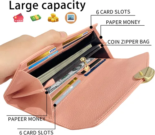 Vista 3 de MACWAVE Carteras para mujer de cuero con bloqueo RFID para mujer, bolso largo de embrague para teléfono, chequera, organizador de múltiples