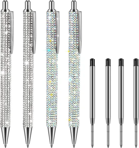 Vista 10 de Ireer 4 bolígrafos brillantes de diamantes de imitación para mujer, bolígrafo de tinta de metal con purpurina de cristal con 4 recambios de 0.039