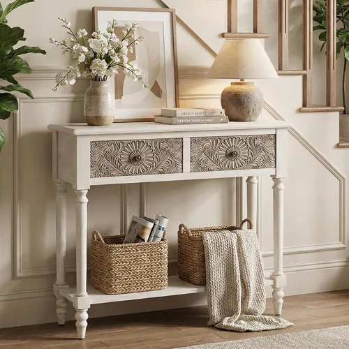 Vista 3 de HOMPUS Mesa consola con 2 cajones y 1 estante, mesa de entrada rectangular estrecha, mesa de sofá decorativa antigua y contemporánea para sala