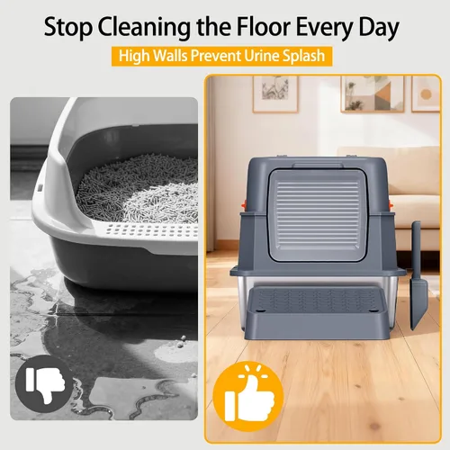 Vista 9 de XL - Caja de arena para gatos grandes de acero inoxidable con tapa High sides, stainless pan, flip-top lid, step, mat, scoop, filter; for large