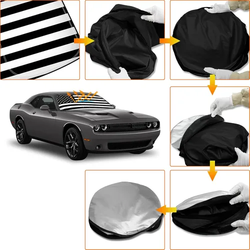 Vista 6 de D-Lumina Parasol para parabrisas con bandera de EE. UU. para Dodge Challenger 2015-2023, protector de sol frontal plegable, bloquea los rayos UV