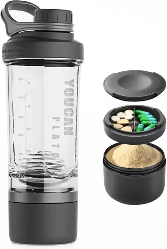 Vista 8 de Botella agitadora de proteínas de 21 oz con contenedor de almacenamiento de polvo - Tazas agitadoras para batidos de proteínas - Botella de Rojo