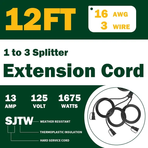 Vista 2 de Cable de extensión para exteriores con múltiples tomas, cables de extensión negros de 1 a 3 divisores de 12 pies, cable SJTW 16/3 resistente a