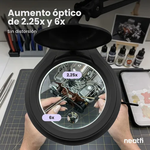 Vista 3 de Neatfi Lámpara de aumento bifocal LED de 1,200 lúmenes, lente de vidrio de 5 pulgadas, aumento doble 2.25X/6X, regulable, brazo ajustable con Negro
