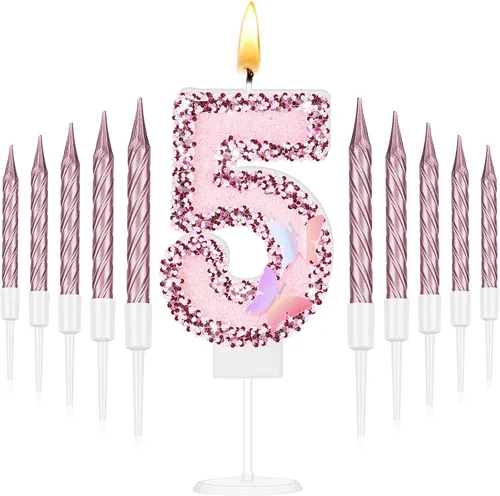 Vista 7 de Amylove Vela de cumpleaños número 0, decoración de pastel de mariposa con purpurina rosa con 10 velas delgadas, decoraciones de cumpleaños número 0