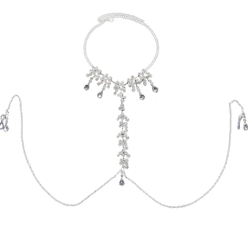 Vista 7 de Sujetador de diamantes de imitación, cadena de pezón, cadena de cristal en el pecho, lencería sexy, joyería de pezón, joyería de cuerpo rave