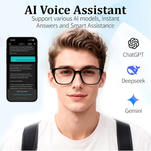 Vista 2 de Lentes inteligentes AI con traducción en tiempo real y asistente de voz, lentes de sol Bluetooth con llamadas de cancelación de ruido, música