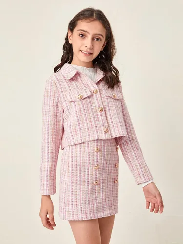 Vista 3 de WDIRARA Conjunto de 2 piezas para niña, chaqueta y falda de tweed de manga larga con botones frontales