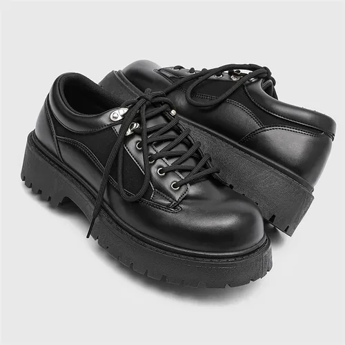 Vista 3 de Zapatos Oxford de cuero negro para hombre, tacón grueso, plataforma con cordones, zapatos casuales para caminar para uso diario al aire libre
