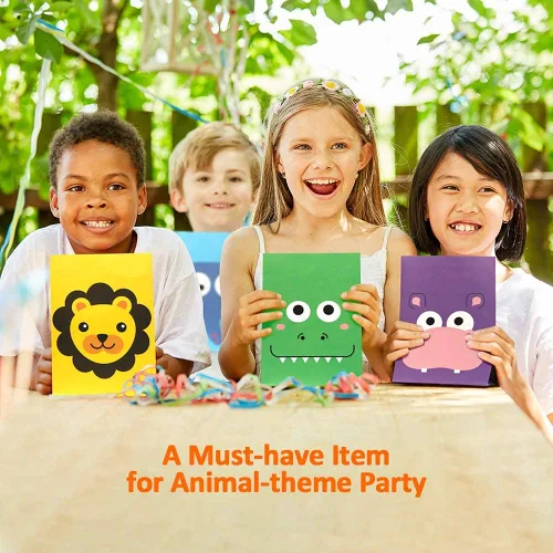 Vista 4 de Mocoosy Paquete de 24 bolsas de recuerdo de fiesta de animales, bolsas de regalo para cumpleaños de niños, pequeñas bolsas de regalo de papel a