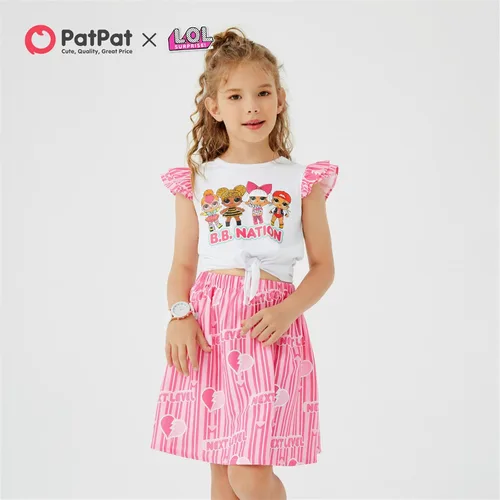 Vista 3 de L.O.L. Surprise! Girls Skirt Set 2Pcs Kid Girl Graphic Print Tie Knot Ruffle Sleeve Cotton Tee and Allover Print Skirt Set