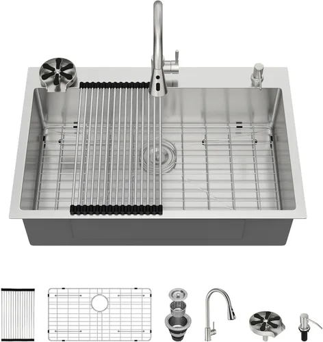 Vista 14 de Fregadero de barra dorada con grifo, fregaderos de barra de acero inoxidable de 15 x 17 pulgadas, estación de trabajo para interiores y exteriores