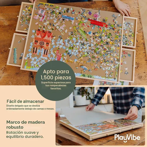 Vista 3 de PlayVibe Tablero de rompecabezas de 1500 piezas con cajones y cubierta, estación de resolución de rompecabezas, mesa portátil con cajones, bandeja