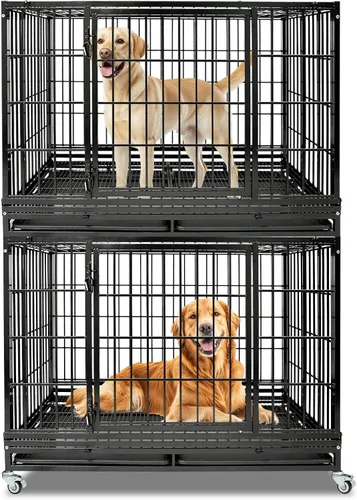 Vista 13 de Jaula apilable de 47 pulgadas para perros grandes de alta ansiedad, jaula indestructible a prueba de escapes para interiores con doble puerta
