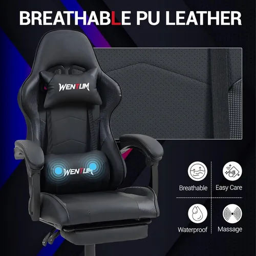 Vista 7 de Silla de juegos con reposapiés para adultos, silla de videojuegos de carreras de piel sintética, con soporte lumbar, para hombres y mujeres, silla