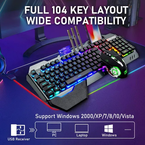 Vista 9 de Teclado inalámbrico para juegos y altavoz de computadora con cable con batería recargable con retroiluminación RGB arco iris mecánico ergonómico