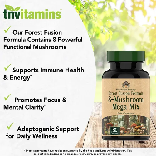 Vista 3 de Complejo de hongos 8 – 180 cápsulas – Melena de león, Reishi, Chaga, Cordyceps y cola de pavo – Suplemento natural de apoyo inmunológico, enfoque