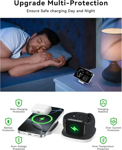 Vista 5 de Cargador inalámbrico plegable 2 en 1 Mag-Safe para iPhone 16 15 14 13 12 Series, Apple Watch Series/Ultra/SE, Airpods/Pro, cargador Magsafe portátil