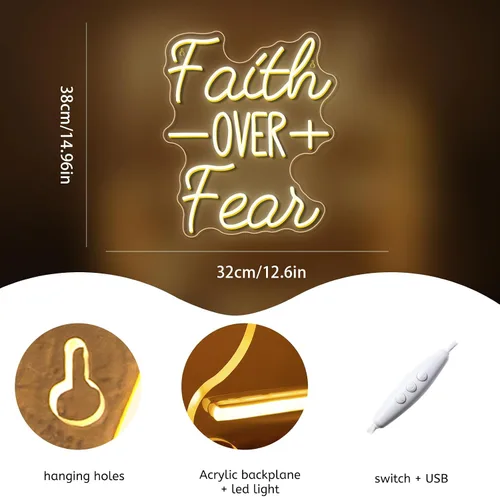 Vista 3 de WLHOPE Letrero de neón con texto en inglés "Faith Over Fear", versículos de la Biblia, para decoración de pared, luces LED cristianas, luces