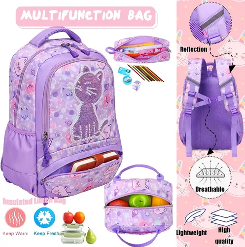 Vista 5 de Mochila de escuela primaria para niñas con lonchera, mochila de regreso a clases