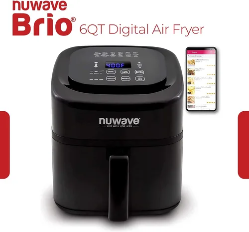 Vista 2 de Nuwave Brio - Freidora de aire digital saludable de 6 cuartos con controles digitales de un solo toque, 6 funciones de menú preestablecidas e