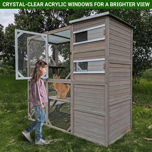 Vista 5 de PetsCosset Gran Encierro para Gatos al Aire Libre, Casa para Gatos Resistente a la Intemperie Conectada a la Ventana para Múltiples Gatos, Refugio