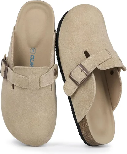 Vista 18 de Dumalum - Zuecos de ante para mujer y hombre - Sandalias ajustables con hebilla, plantilla de corcho, suelas antideslizantes - Zapatillas unisex