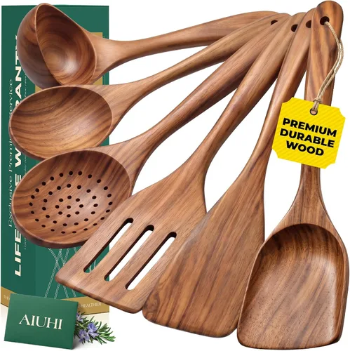 Vista 10 de AIUHI Juego de espátulas de madera de teca de 2 piezas, espátulas de cocina de madera para voltear, freír y servir, utensilios de cocina de madera