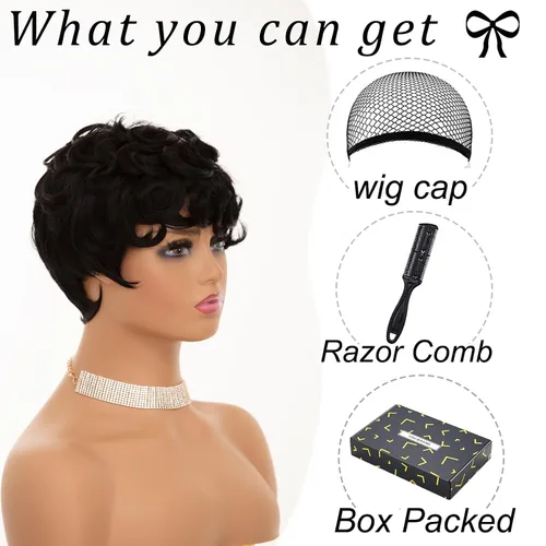 Vista 6 de Pelucas rizadas de corte Pixie para mujeres negras, pelucas cortas negras #1 Jet