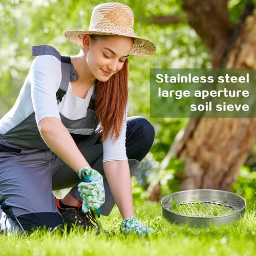 Vista 4 de Youyole Tamiz de suelo de 11.81 pulgadas para jardinería, arena y jardín, tamiz de suciedad para rocas, acero inoxidable, tamiz de acertijo