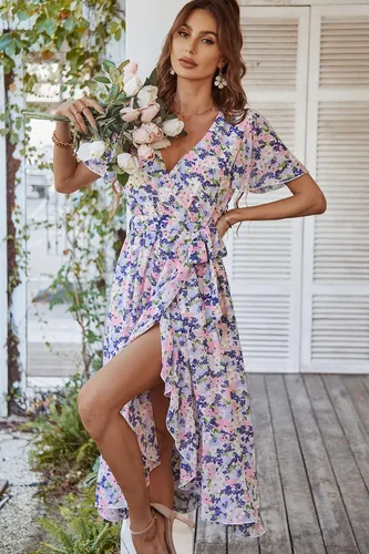Vista 5 de PRETTYGARDEN - Vestido floral para mujer estilo bohemio, cruzado, con cuello en V, manga corta, con cinturón, dobladillo con volantes, acampanado