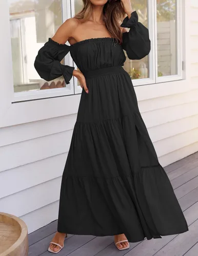 Vista 98 de ZESICA - Vestido largo, bohemio y sexy, con hombros descubiertos y manga larga fruncida, con elástico fruncido, cintura alta y abertura lateral