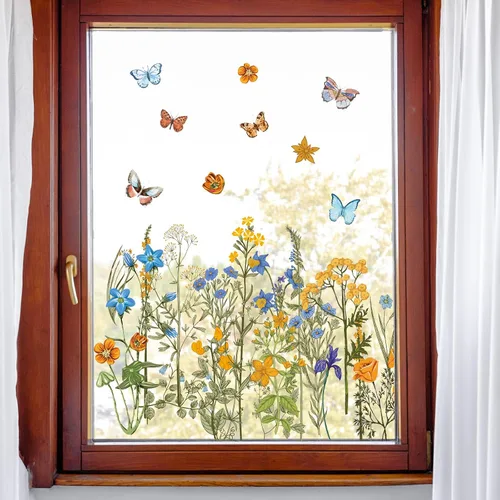 Vista 3 de Whaline 6 Hojas de Calcomanías de Ventana de Flores Silvestres de Verano Vintage Azul Naranja Acuarela de Doble Cara Reutilizables Florales