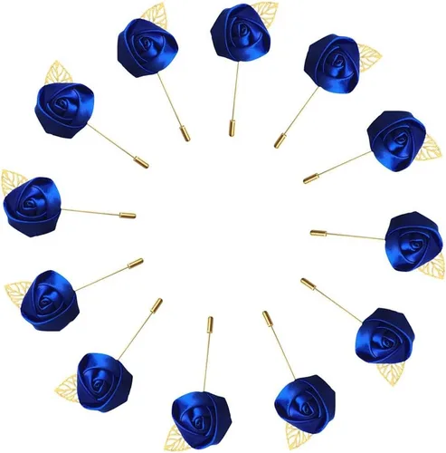 Vista 4 de 12 unids/lote Novio Boutonniere boda seda rosa (1.4 in) flores accesorios Prom Pin hombre traje decoración azul
