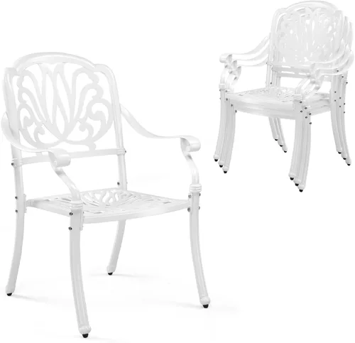 Vista 13 de VINGLI Juego de 2 sillas de patio apilables de aluminio fundido para exteriores con acabado negro vintage y patrón floral, sillones de metal