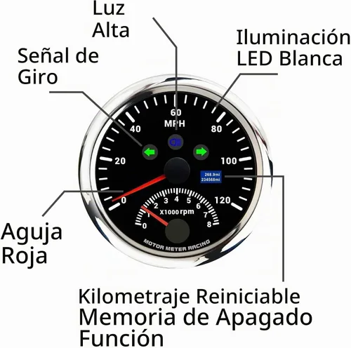 Vista 4 de MOTOR METER RACING W PRO 85mm 3-3/8" 2 en 1 Velocímetro GPS Tacómetro Odómetro Digital Kilometraje y Medidor de Viaje con Señal de Giro y Luz Alta