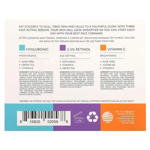 Vista 3 de artnaturals Set antienvejecimiento con vitamina C retinol y ácido hialurónico - (3 x 1 fl oz / 1.0 fl oz) suero para eliminar arrugas y círculos