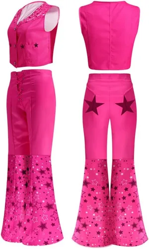 Vista 3 de Margot - Traje de cosplay de vaquera para mujeres y niñas, de los años 70 y 80, estilo hippie disco vintage, con sombrero, pantalón acampanado rosa