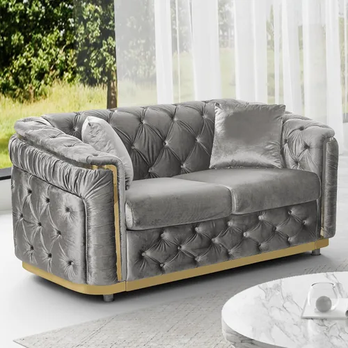 Vista 18 de Sofá Chesterfield de terciopelo de 62.5 pulgadas con respaldo copetudo y detalles dorados, beige Blanco