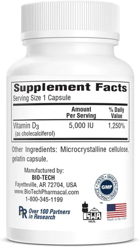 Vista 4 de Bio-Tech Pharmacal Vitamina D3 (D3 5k UI, 250 unidades)