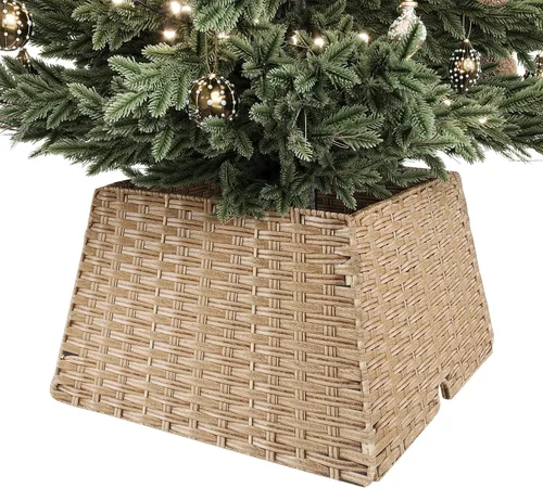 Vista 18 de Collar de mimbre para árbol de Navidad, cubierta de base de árbol PP marrón plano