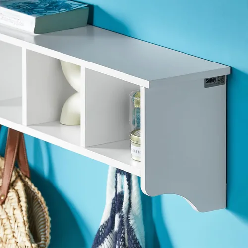 Vista 7 de Haotian - Estantería de pared blanca con ganchos para abrigos, perchero de pared para entrada, unidad de almacenamiento con 4 compartimentos y 5