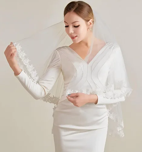 Vista 4 de Velos cortos de mujer para novias de 2 niveles de encaje velo de novia con peine