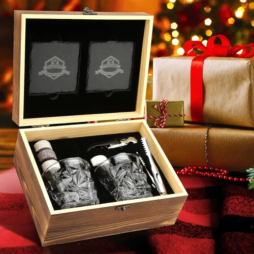 Vista 5 de Juego de regalo de piedras de whisky, juego de 2 vasos de whisky, rocas de whisky de granito, juego de caja de whisky escocés, el mejor regalo